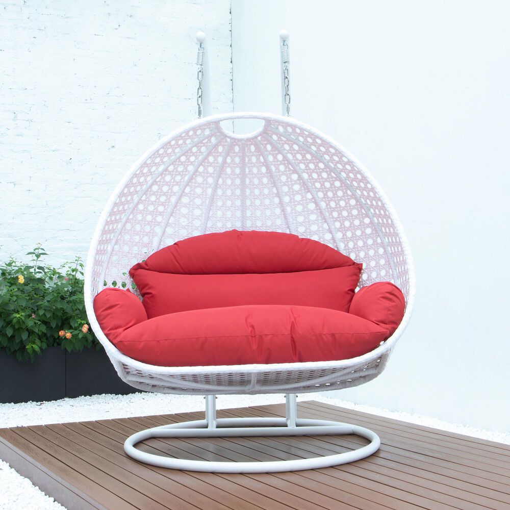 Leisuremod 2-Seat Hanging Egg Swing Chair with Red Cushion in White, , large
