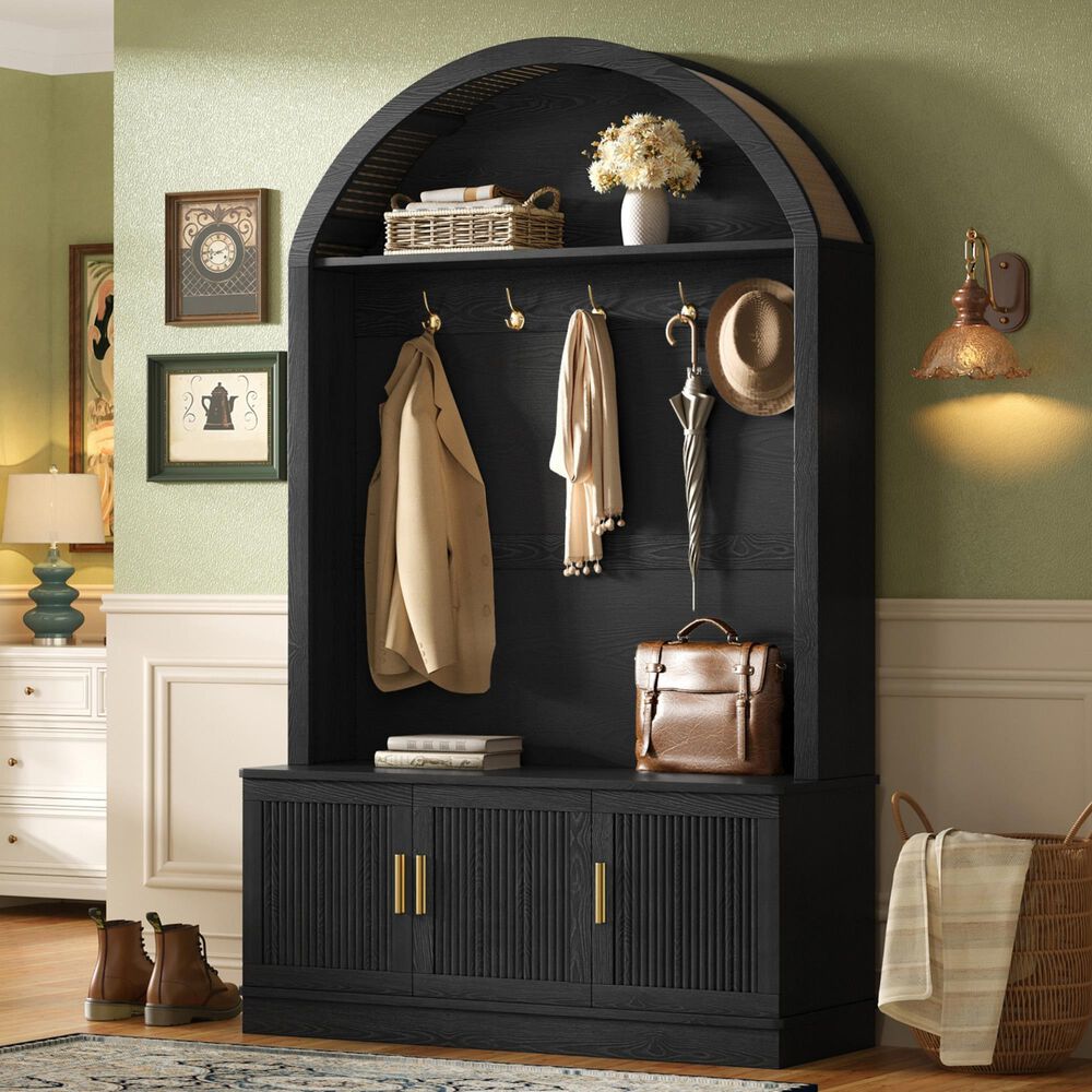 HOMLUX Farmhouse Fabric Arched Top Hall Tree with 5 Metal Hooks and Adjustable Shelves in Black, , large