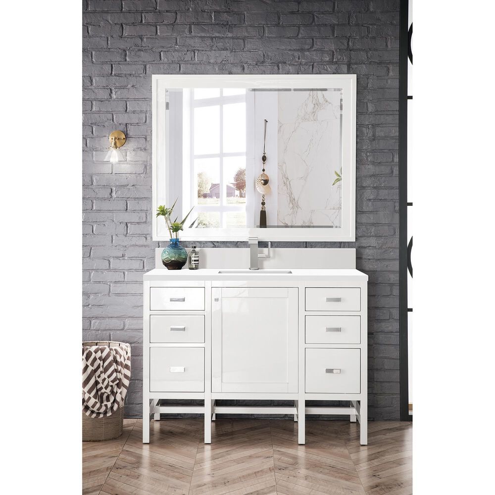 James Martin Vanities Addison 48" Single Bathroom Vanity in Glossy White with Single Hole 3 cm White Zeus Quartz Top and Rectangular Sink, , large