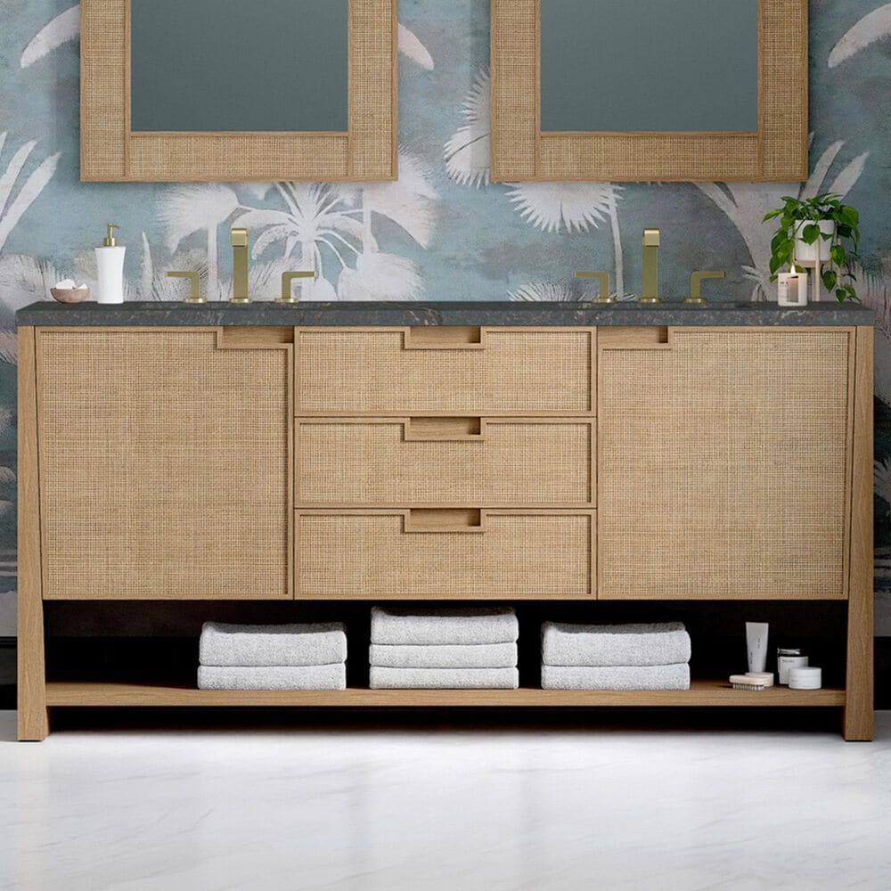 James Martin Vanities Solene 72" Double Bathroom Vanity in Seaside Oak with 3 cm Parisien Bleu Quartz Top, Rectangular Sinks and FreePower Wireless Charger, , large