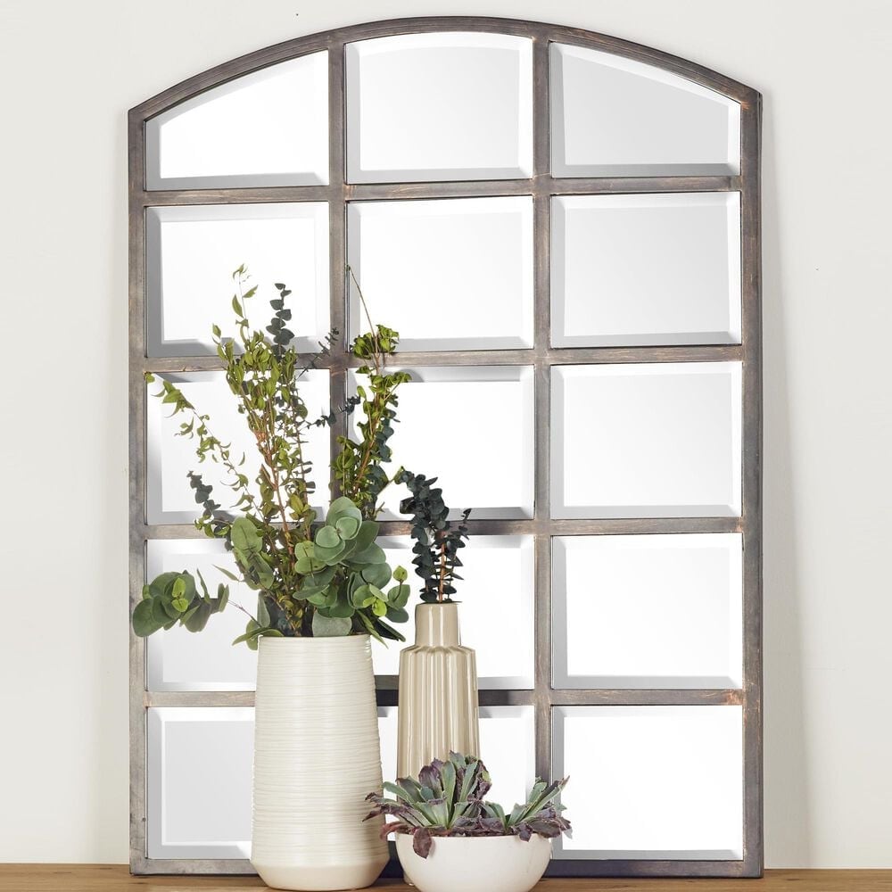 Maple and Jade 40&quot; x 30&quot; Arched Window Pane Wall Mirror in Matte Black, , large