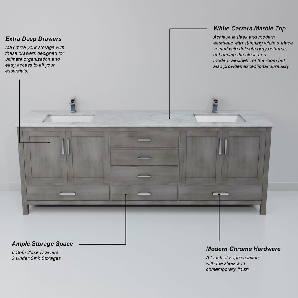 Lexora Home Jacques 80" Double Bathroom Vanity in Distressed Grey with 2 cm White Carrara Marble Top and Rectangular Sinks, , large