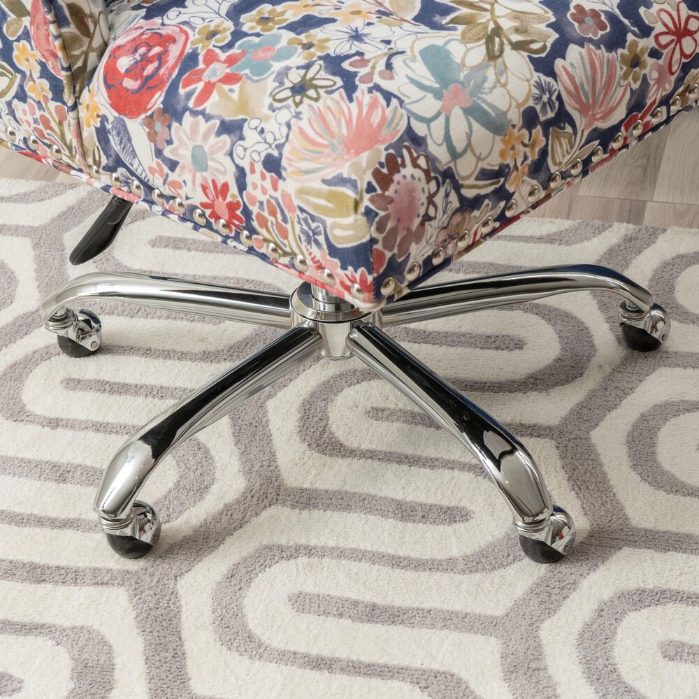 Linon Home Decor Draper Office Chair with Navy Floral Cushion in Silver, , large