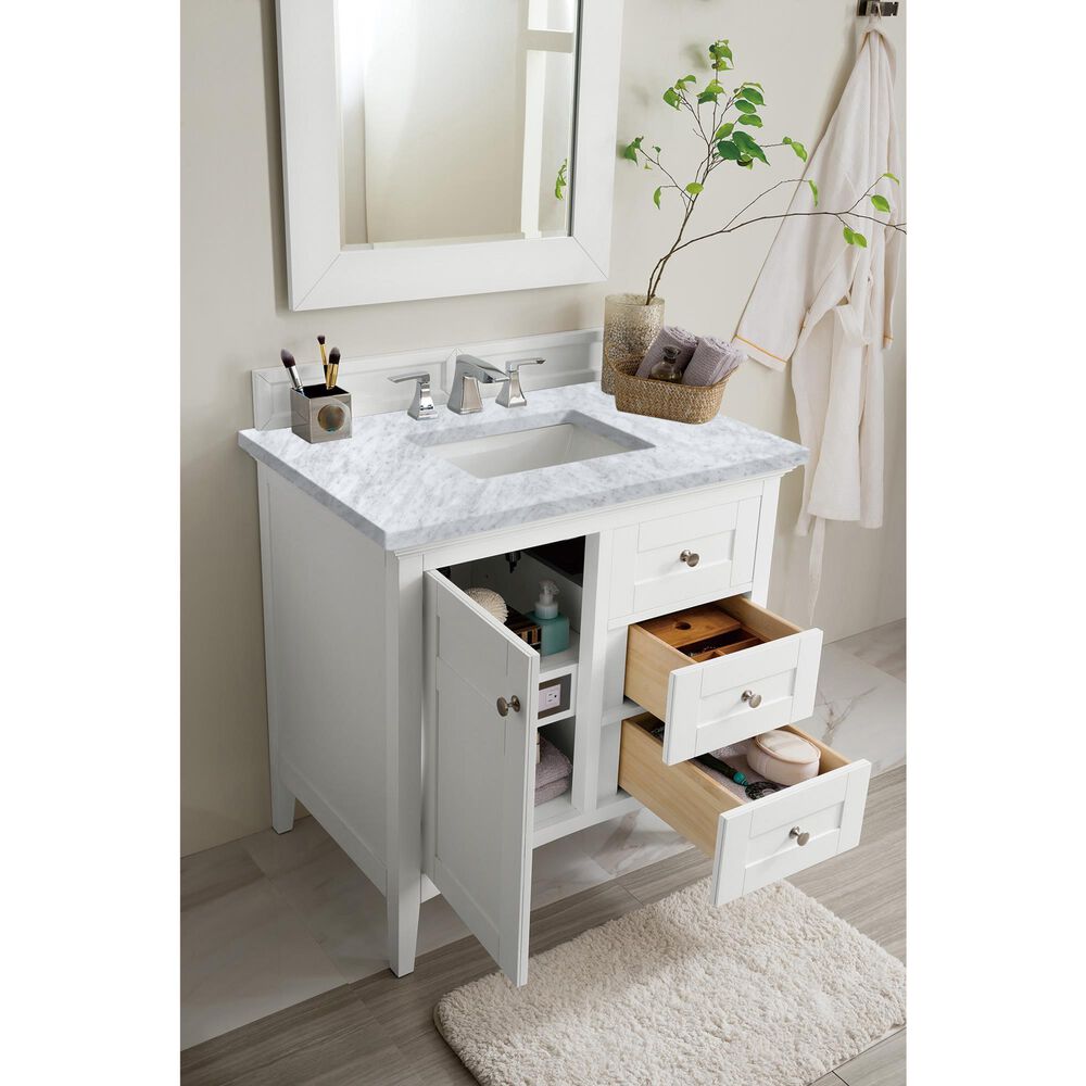 James Martin Vanities Palisades 36&quot; Single Bathroom Vanity in Bright White with 3 cm Carrara White Marble Top and Rectangular Sink, , large