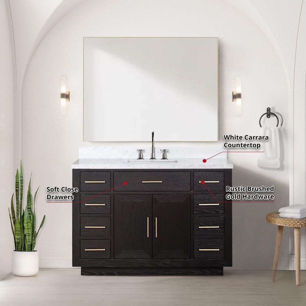 Lexora Home Abbey 48&quot; Single Bathroom Vanity in Black Oak with 2 cm White Carrara Marble Top and Rectangular Sink, , large