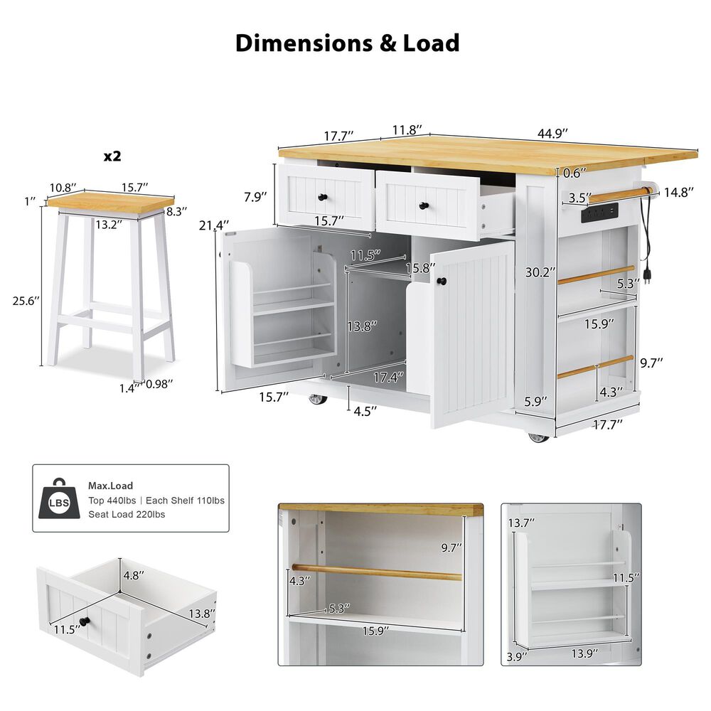 HOMLUX 3-Piece 48" Kitchen Island Set in White, , large