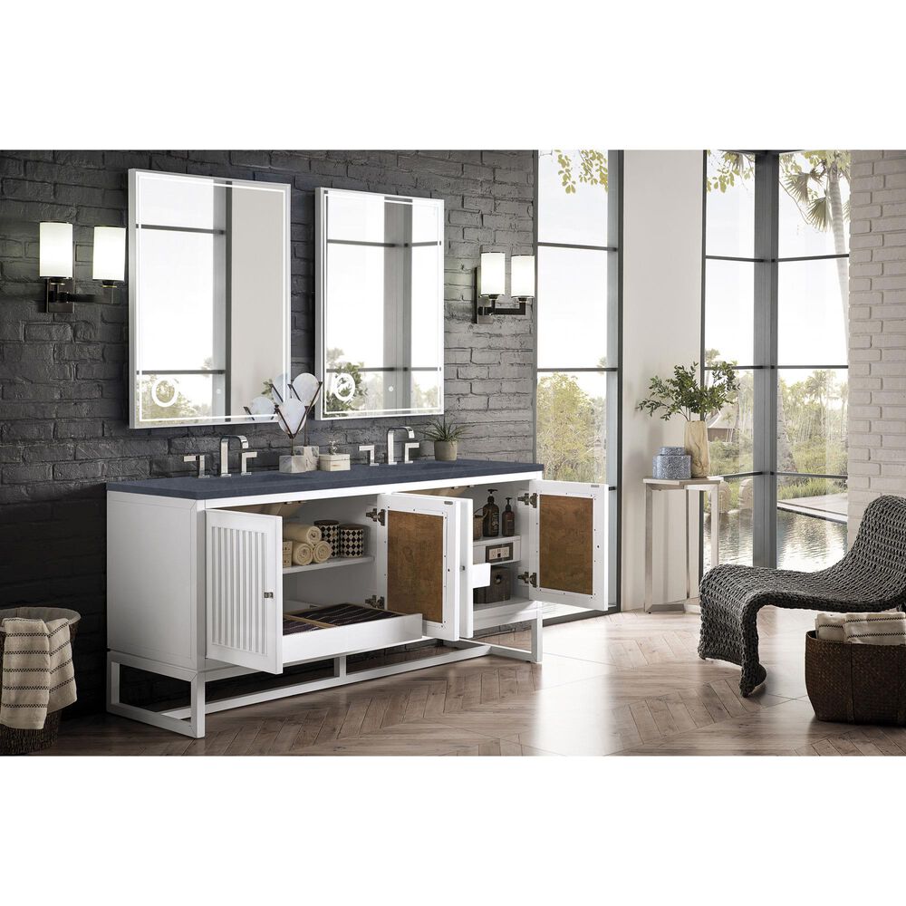 James Martin Vanities Athens 72&quot; Double Bathroom Vanity in Glossy White with 3 cm Charcoal Soapstone Quartz Top and Rectangular Sinks, , large