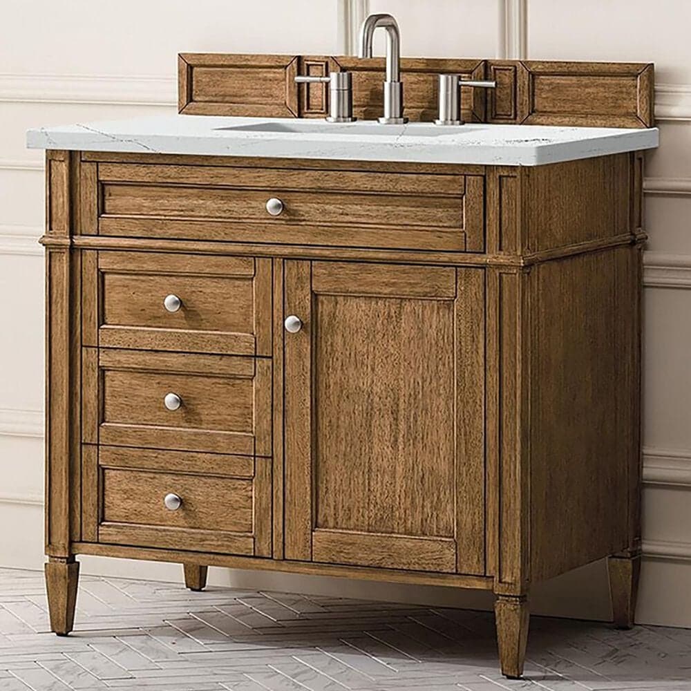 James Martin Vanities Brittany 36" Single Bathroom Vanity in Saddle Brown with 3 cm Ethereal Noctis Quartz Top and Rectangular Sink, , large