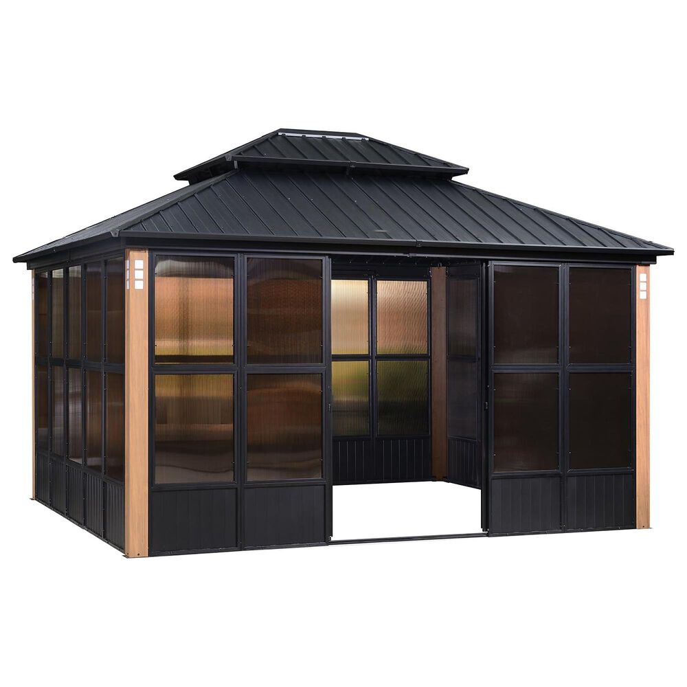 HOMLUX 12" x 14" Outdoor Hardtop Sunroom Gazebo with Aluminum Frame in Black, , large