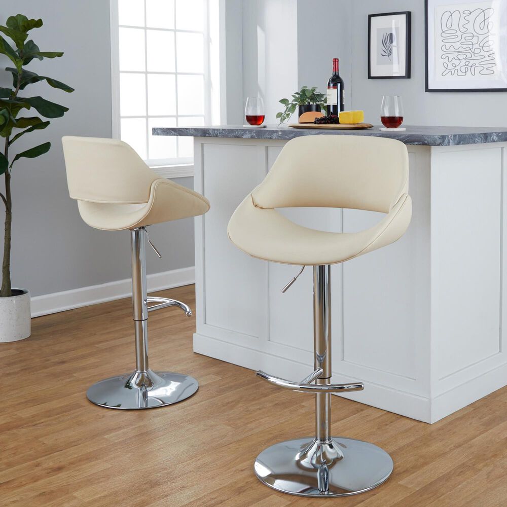 LumiSource Fabrico Swivel Adjustable Bar Stool with Cream Faux Leather Upholstery and Rounded T Footrest in Chrome (Set of 2), , large