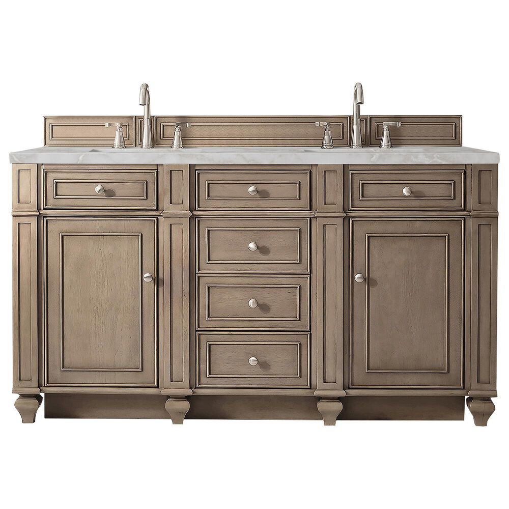 James Martin Vanities Bristol 60" Double Bathroom Vanity in Whitewashed Walnut with 3 cm Victorian Silver Quartz Top and Rectangular Sinks, , large