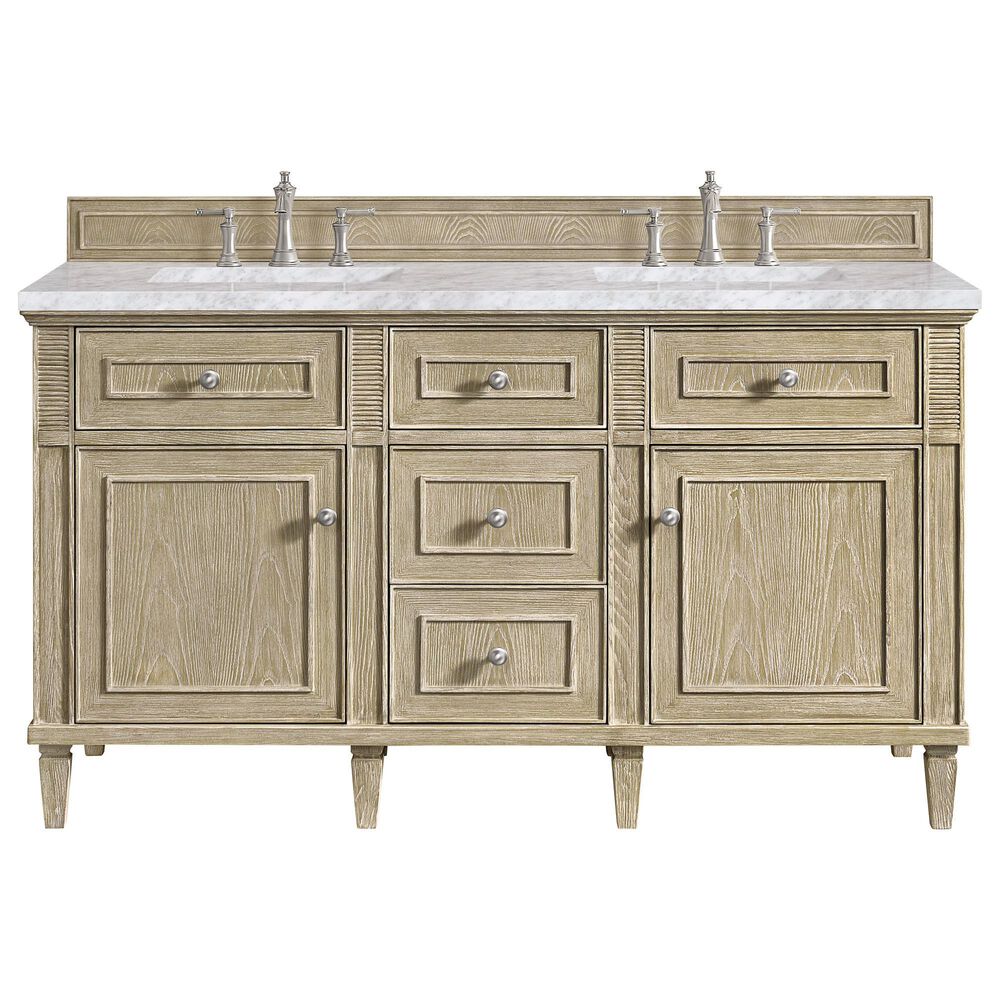 James Martin Vanities Lorelai 60&quot; Double Vanity in Whitewashed Oak with 3 cm Carrara White Marble Top, , large