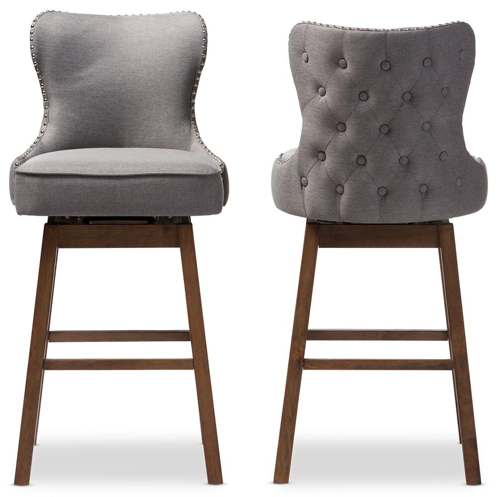 Baxton Studio Gradisca Swivel Bar Stool with Grey Cushion in Dark Walnut (Set of 2), , large