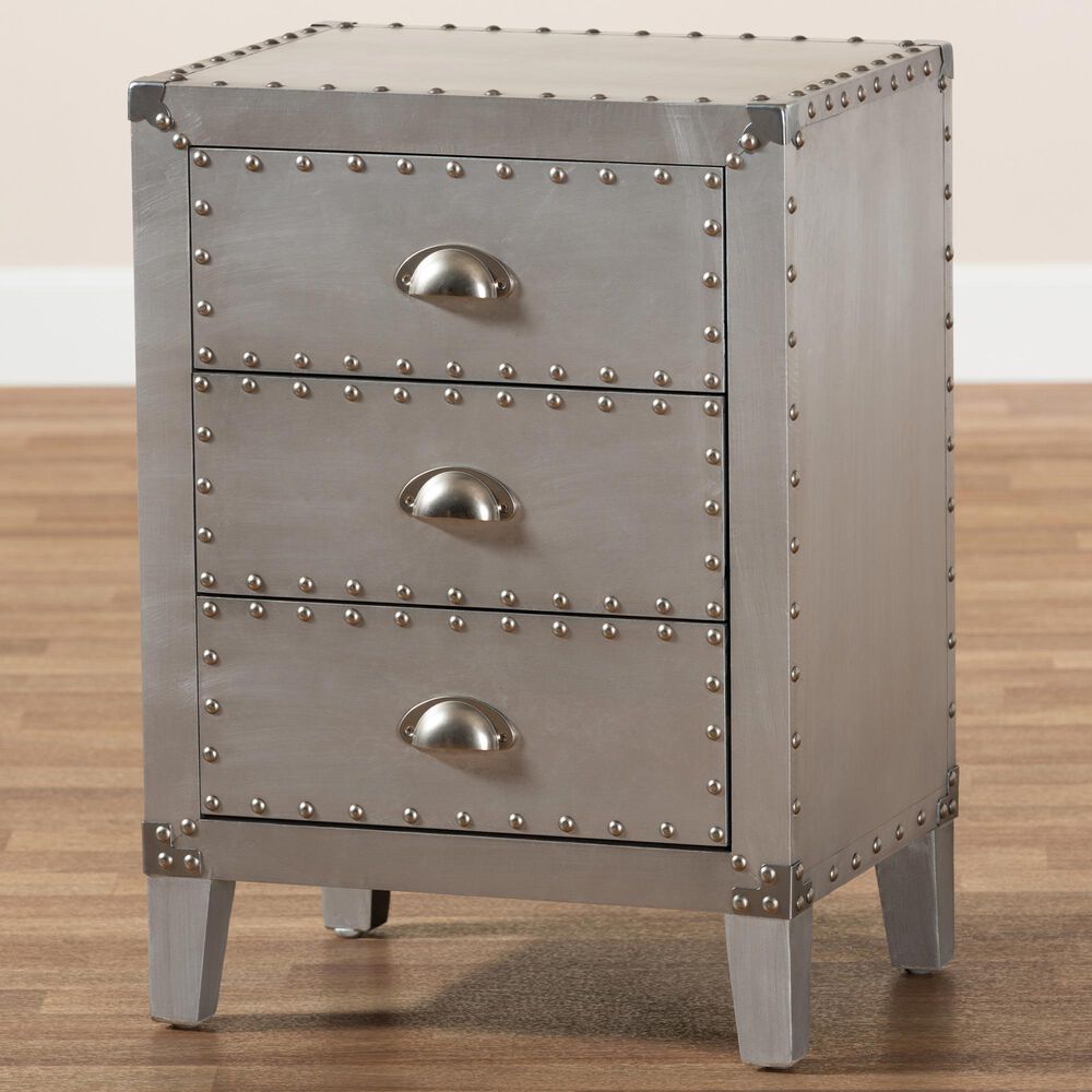 Baxton Studio Claude 3-Drawer Nightstand in Silver, , large