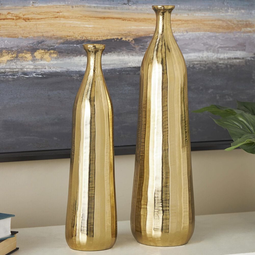 Maple and Jade 2-Piece Decorative Vase Set with Wavy Accents and Textured Ridges in Shiny Gold, , large