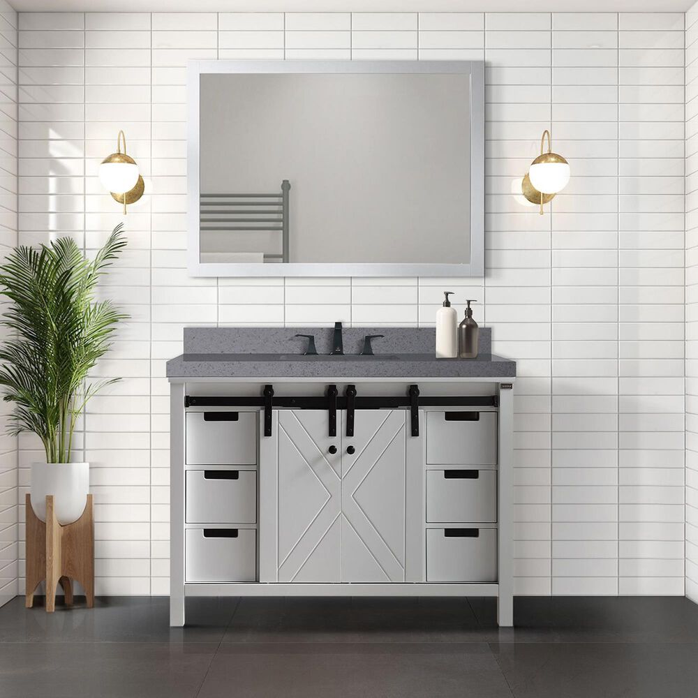 Lexora Home Marsyas 48&quot; Single Bathroom Vanity in White with Grey Quartz Top and Rectangular Sink, , large