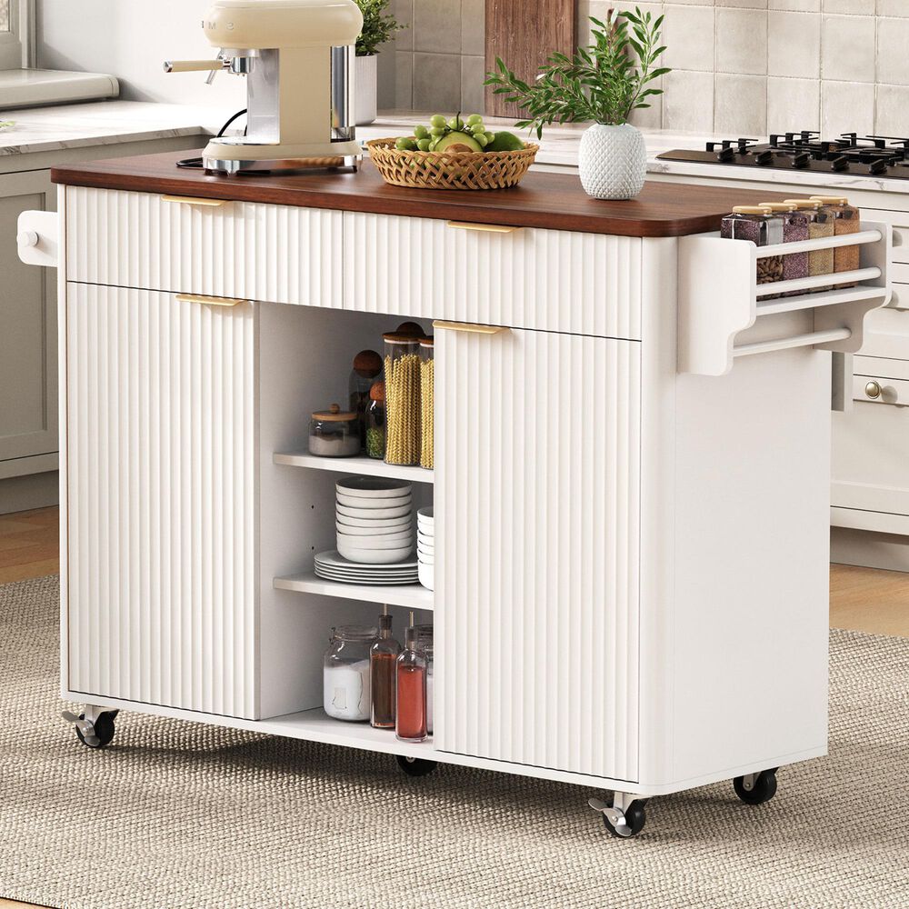 HOMLUX 52" Fluted Kitchen Island with Drop Leaf in White, , large