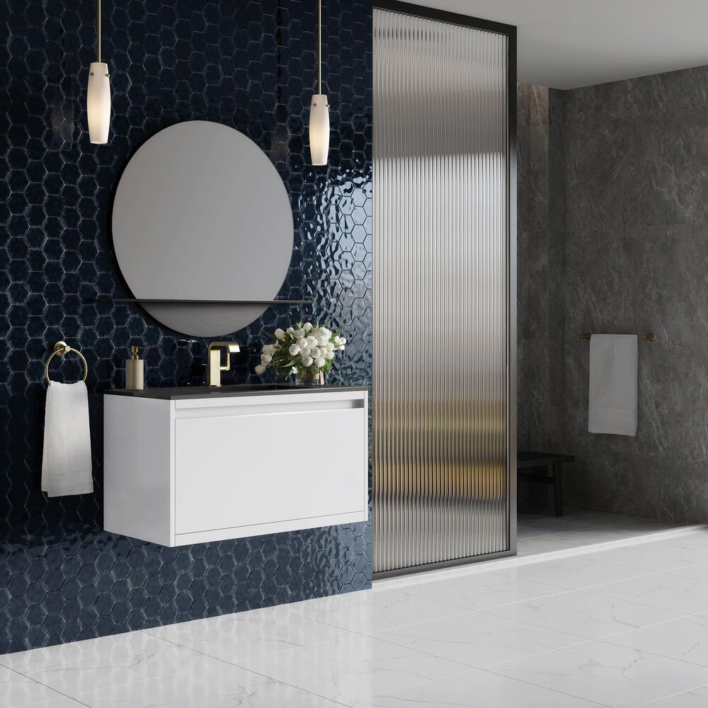 James Martin Mantova 35.4&quot; Single Bathroom Vanity in Glossy White and Champagne Brass with 2 cm Charcoal Black Resin Countertop and Rectangular Sink, , large