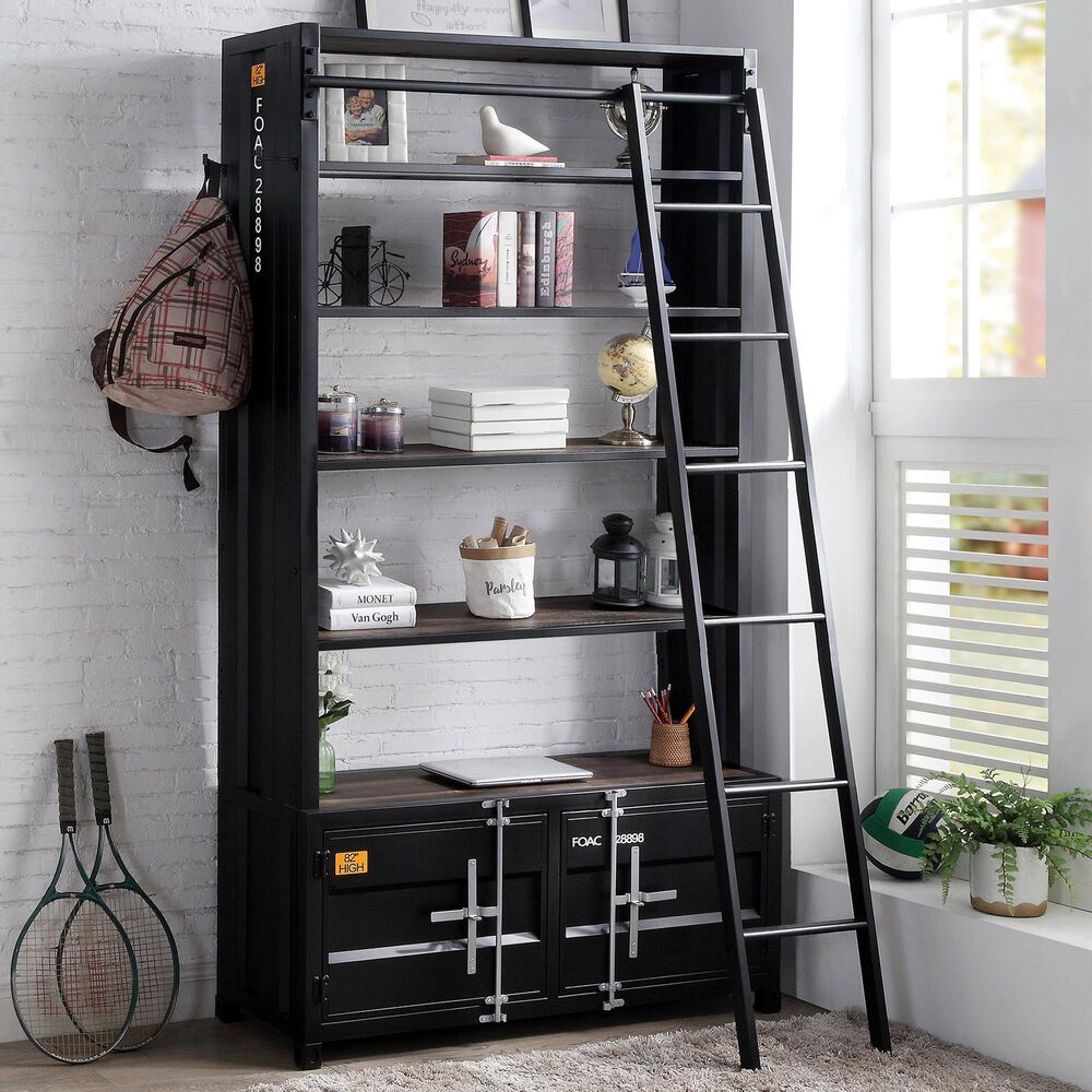 Furniture of America Katz 5 Shelves Bookcase with Ladder in Black/Dark Oak, , large