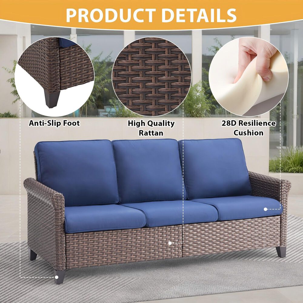 Sunwell Garden 32"H 3-Seater Outdoor Sofa with Wide Armrests and Navy Cushion in Brown, , large