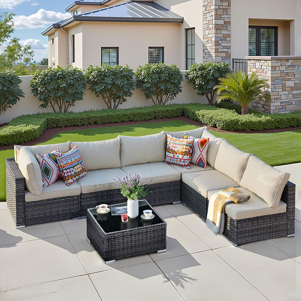 HOMLUX 7-Piece Patio Conversation Set with Grey Wicker in Beige, , large