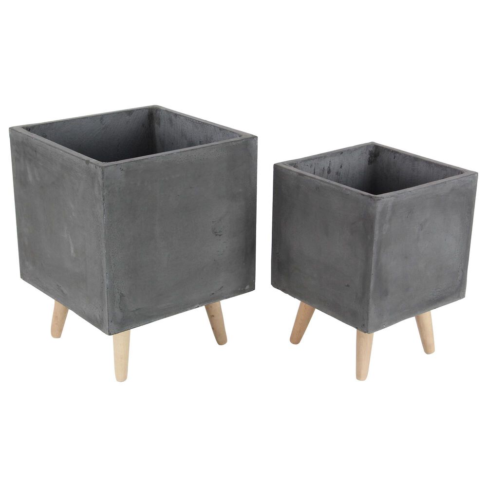 Maple and Jade Set of 2 Contemporary Fiber Clay Planters with Wooden Stand in Black, , large