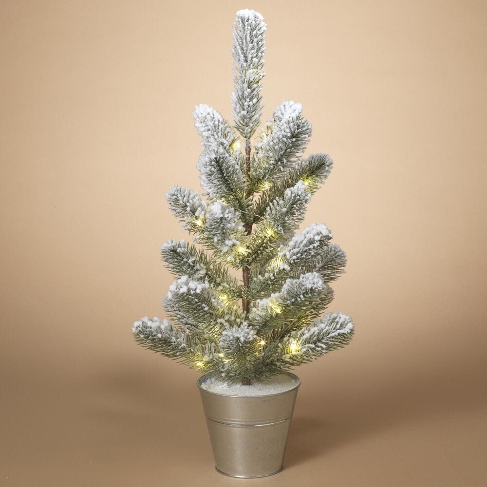 The Gerson Company Lighted Flocked Pine Tree with Metal Bucket in Green, , large