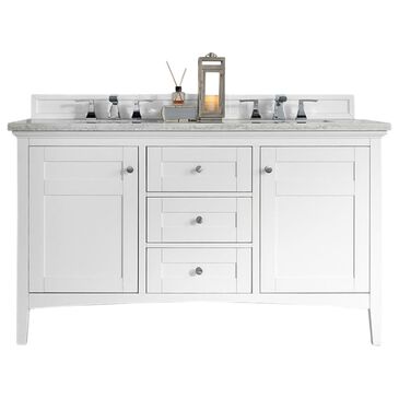 James Martin Palisades 60" Double Bathroom Vanity in Bright White with 3 cm Carrara White Marble Top and Rectangular Sinks, , large