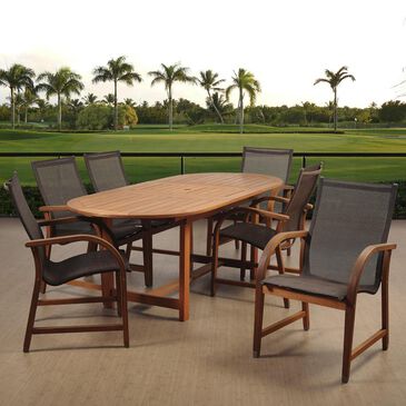 Amazonia Bahamas 7-Piece Eucalyptus Extendable Rectangular Dining Set with Brown Sling Chair, , large