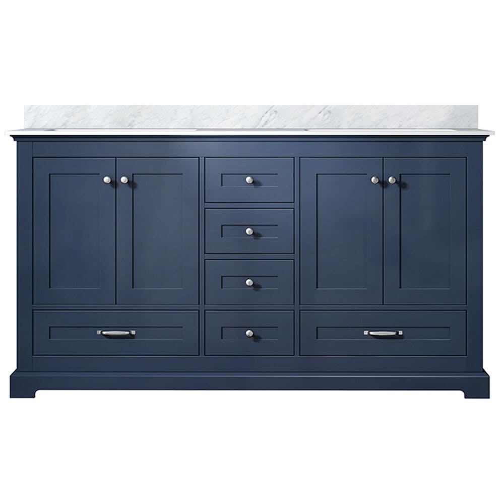 Lexora Home Dukes 60&quot; Double Bathroom Vanity in Navy Blue with 2 cm White Carrara Marble Top and Rectangular Sinks, , large