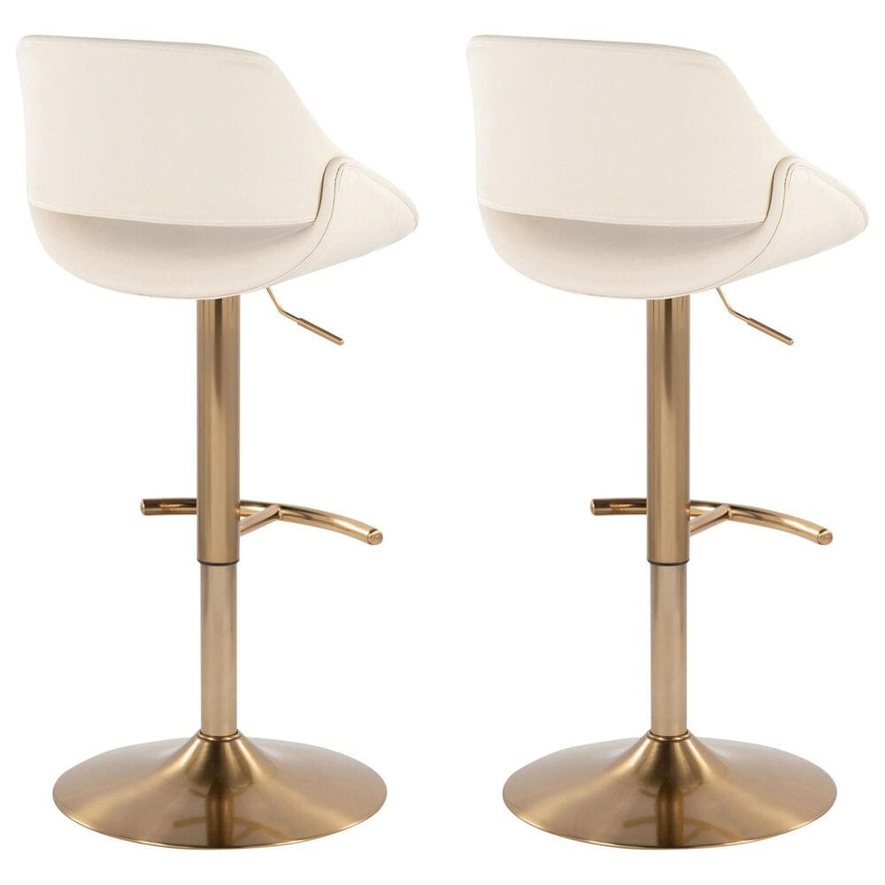 LumiSource Fabrico Swivel Adjustable Bar Stool with Cream Faux Leather Upholstery and Rounded T Footrest in Gold (Set of 2), , large