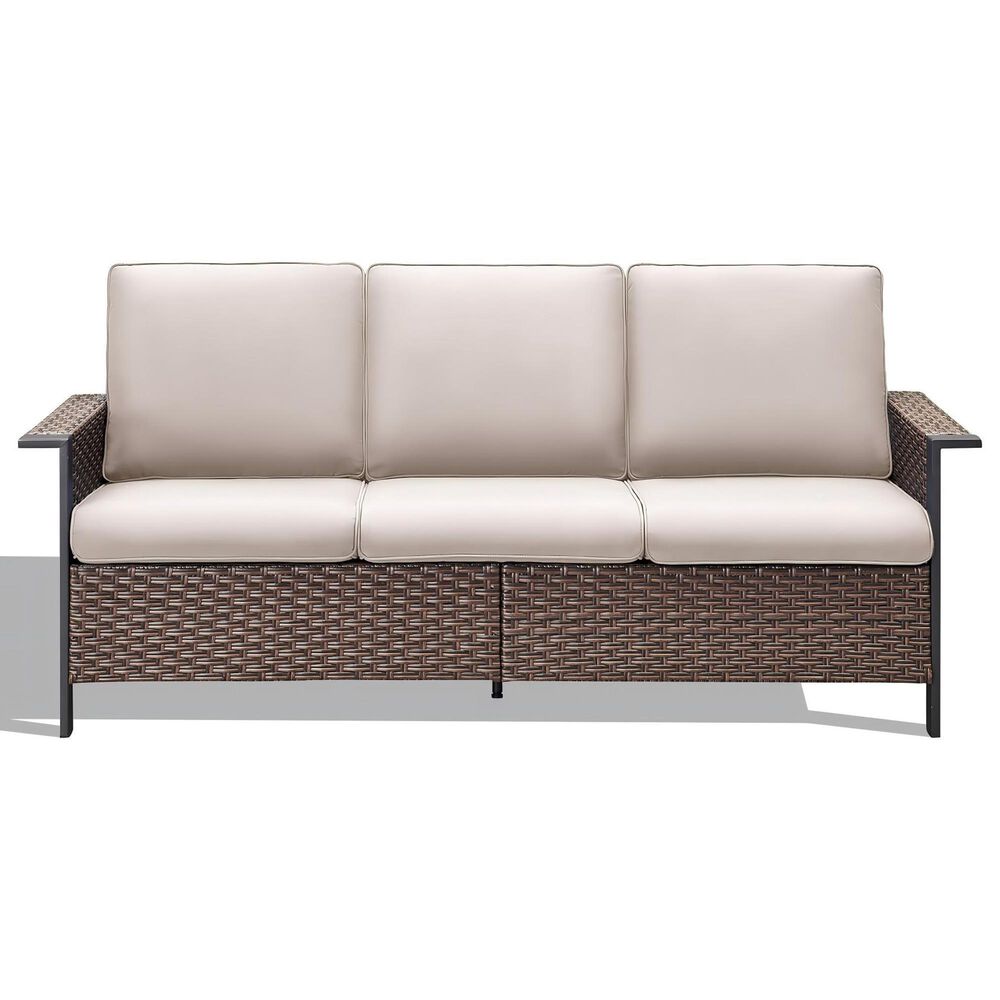 Sunwell Garden 32"H 3-Seater Outdoor Sofa with Ergonomic Design and Beige Cushions in Brown, , large