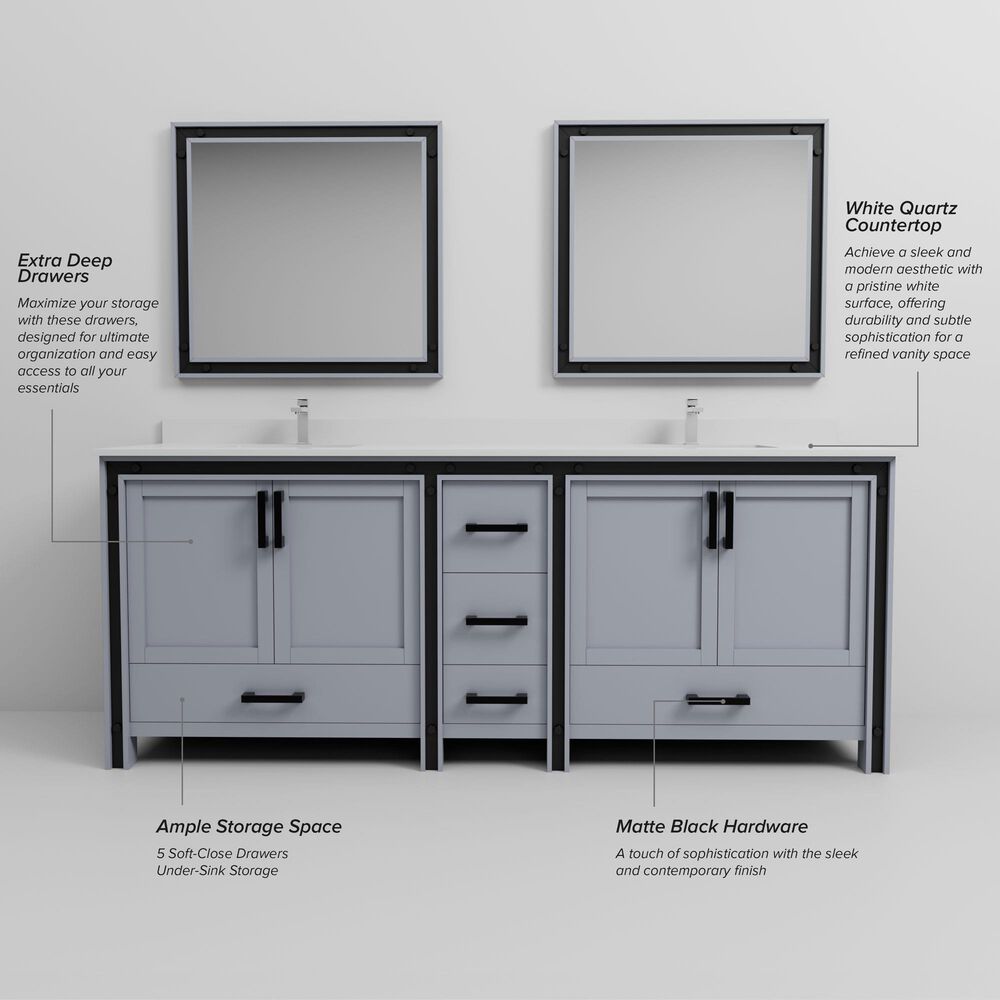Lexora Home Ziva 84" Double Bathroom Vanity in Dark Grey with 2 cm White Quartz Top and Rectangular Sinks, , large