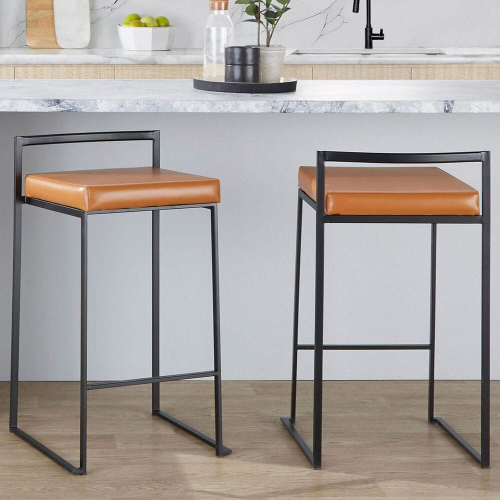 Lumisource Fuji Stackable Counter Stool with Camel Faux Leather Cushion in Black &#40;Set of 2&#41;, , large