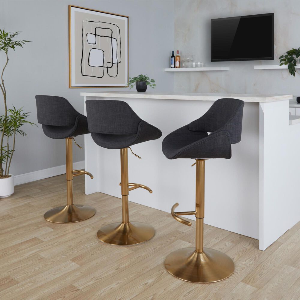 LumiSource Fabrico Swivel Adjustable Bar Stool with Charcoal Noise Fabric Upholstery and Rounded T Footrest in Gold (Set of 2), , large