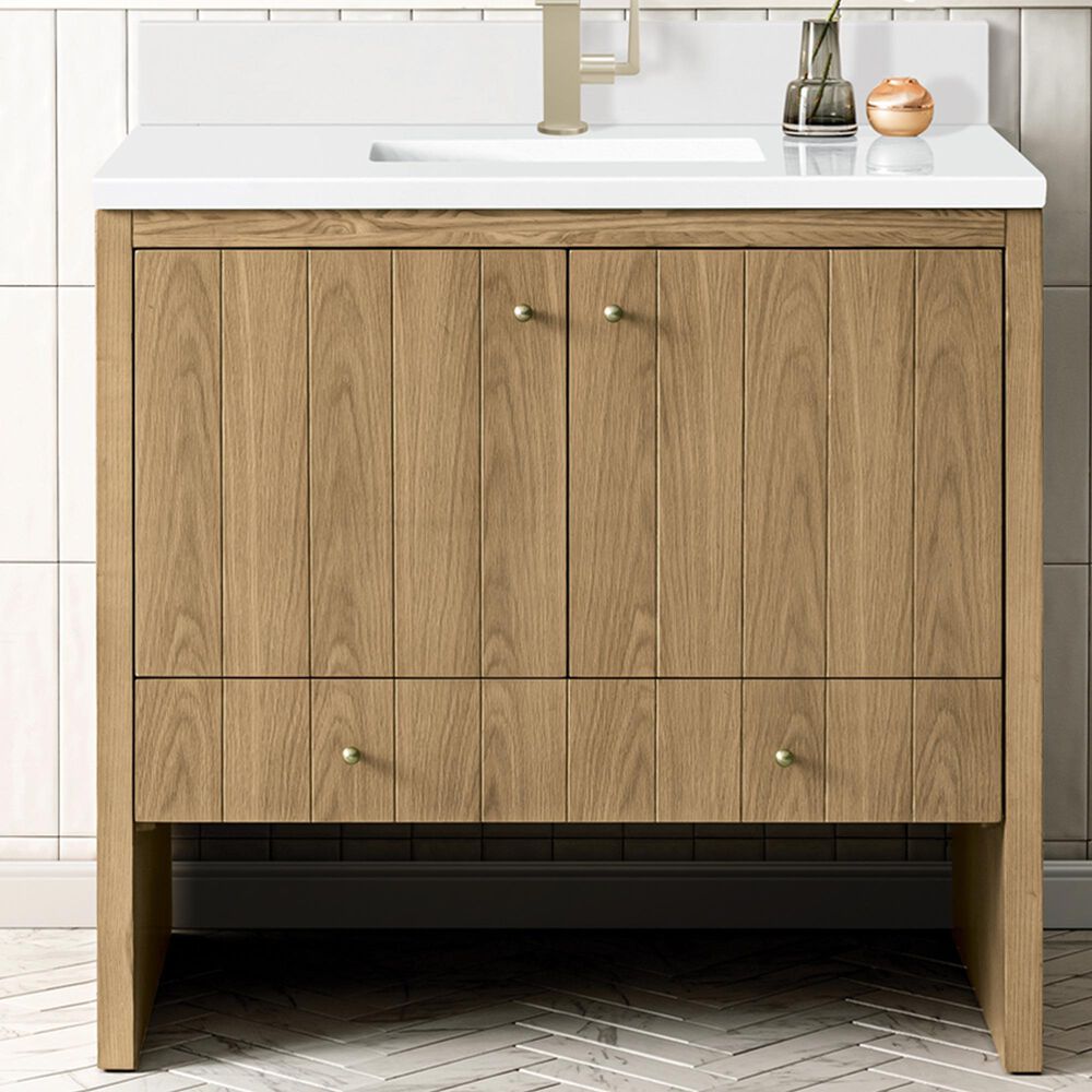 James Martin Vanities Hudson 36" Single Bathroom Vanity in Light Natural Oak with Single Hole 3 cm White Zeus Quartz Top and Rectangular Sink, , large