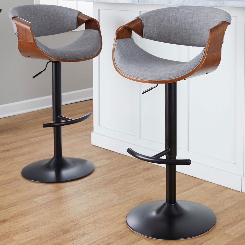 LumiSource Curvo Swivel Adjustable Barstool with Light Grey Upholstery in Black and Walnut (Set of 2), , large