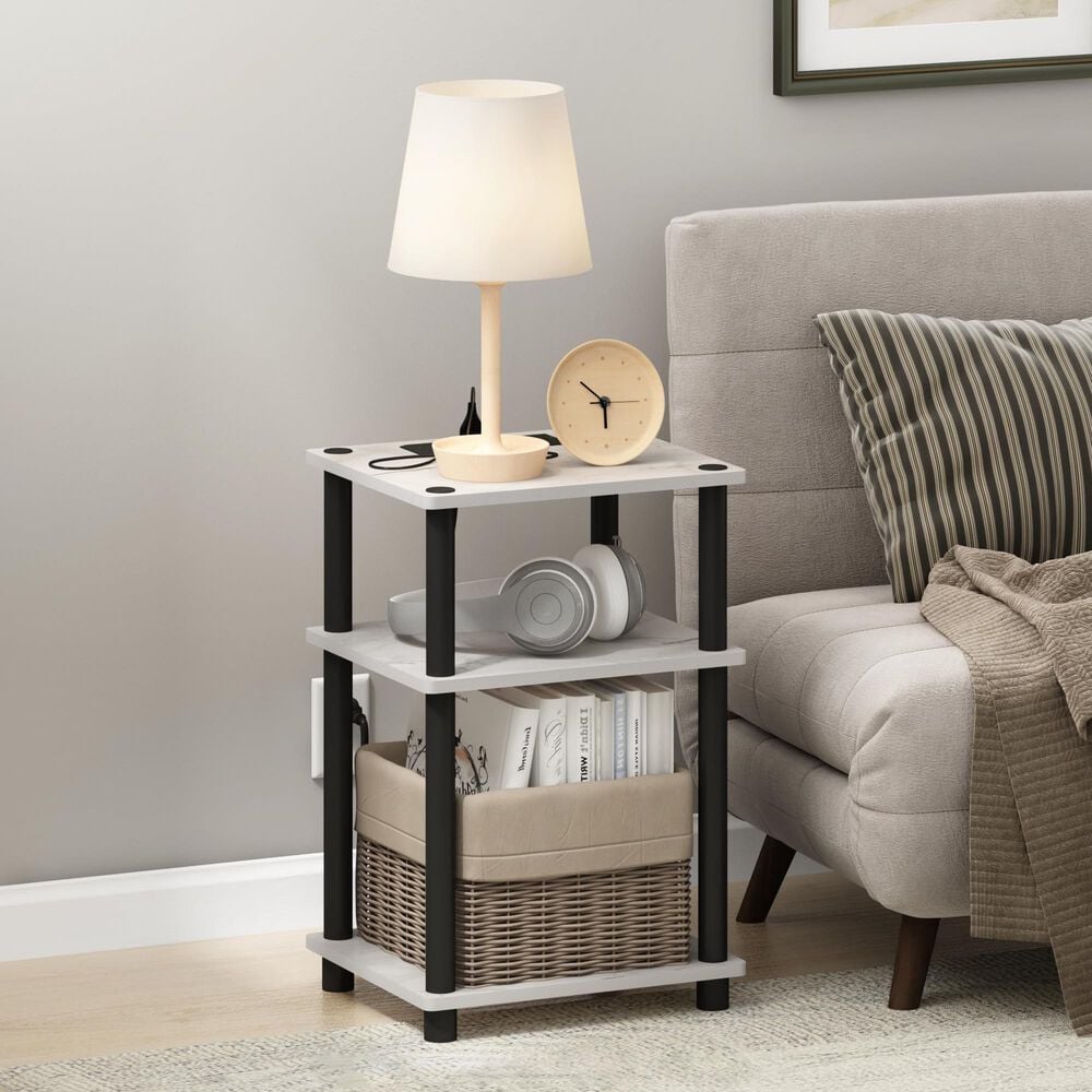 HOMLUX 3-Tier Turn-N-Tube End Table with 2 USB ports in Marble White and Black, , large