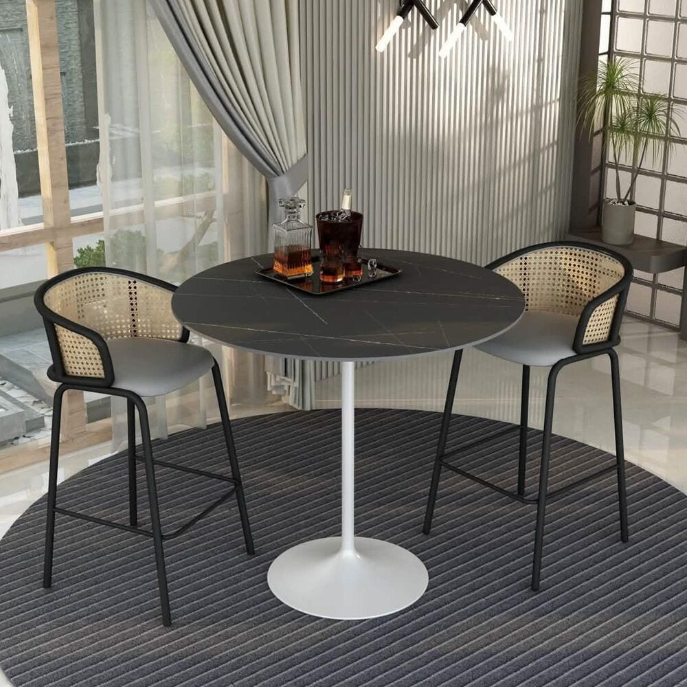 Leisuremod LeisureMod Verve Collection Modern Bar Height Table White Base with 48 Round Black Marbelized Sintered Stone Top, , large