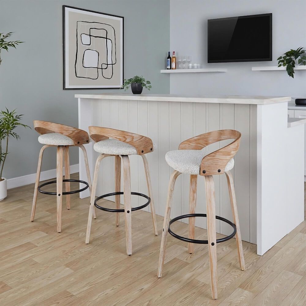 LumiSource Grotto 30" Swivel Barstool with Oat Upholstery in Whitewashed and Black (Set of 2), , large