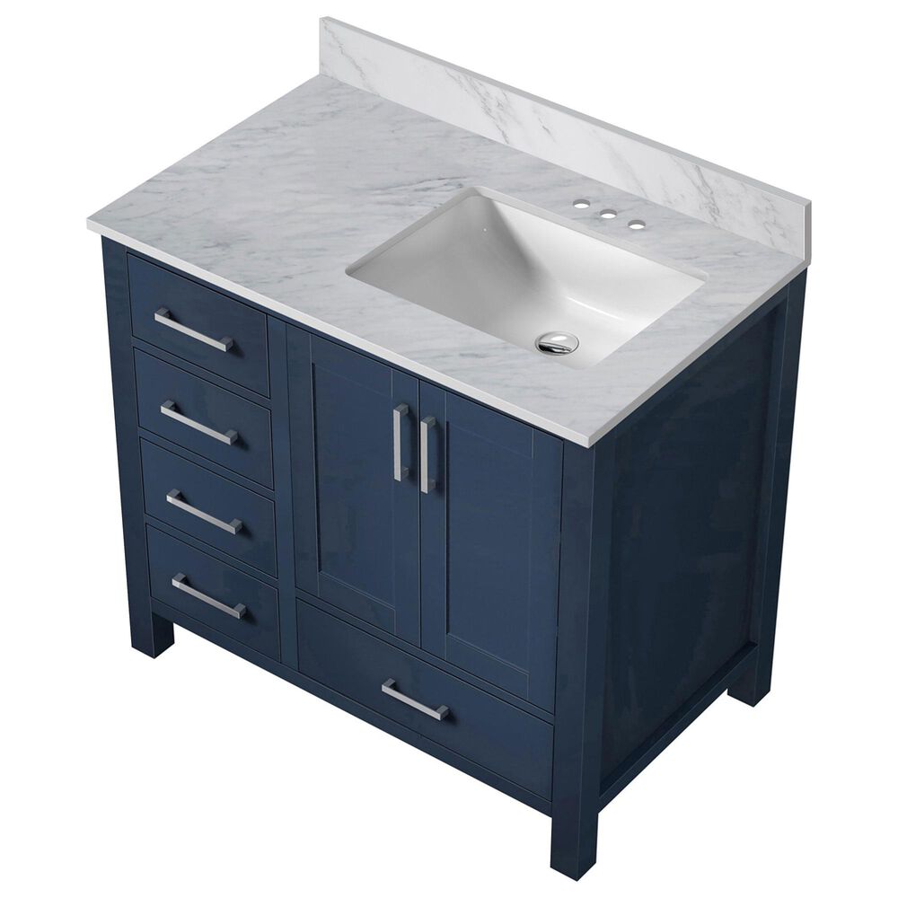 Lexora Home Jacques 36&quot; Right Offset Single Bathroom Vanity in Navy Blue with 2 cm White Carrara Marble Top and Rectangular Sink, , large