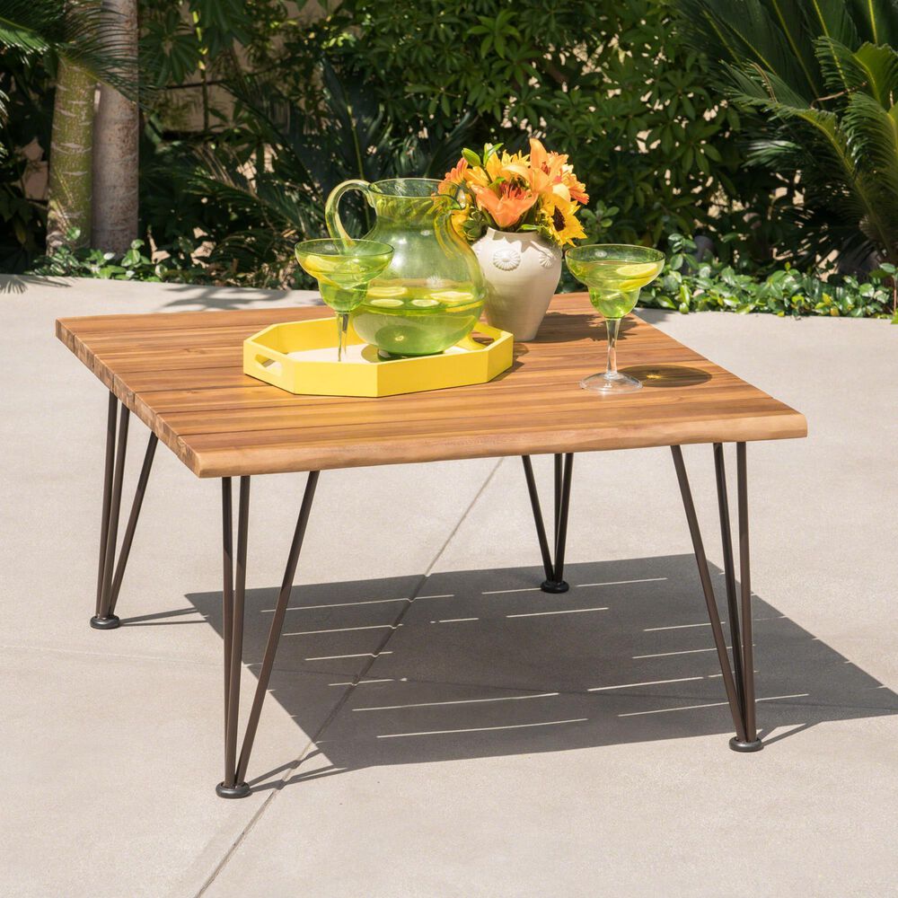 Hearth and Haven Zion Outdoor Square Coffee Table with Metal Hairpin Legs in Teak, , large