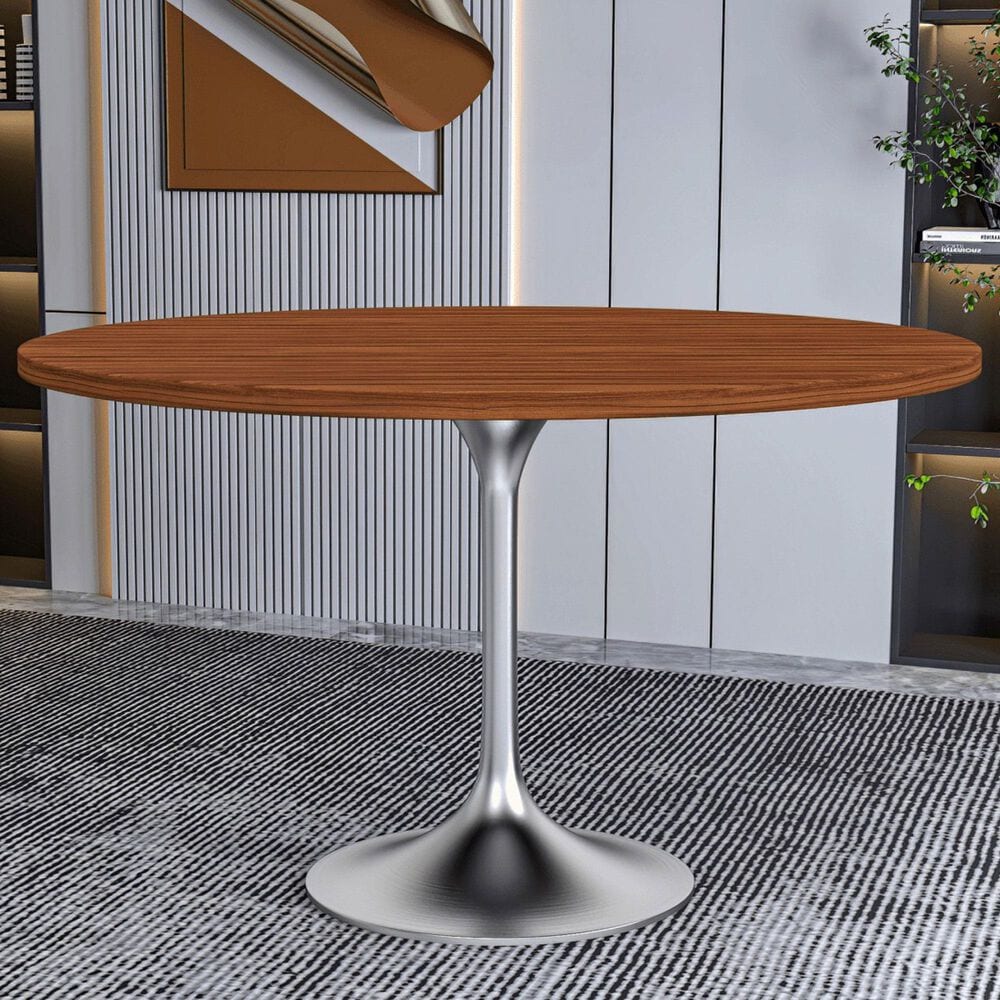 Leisuremod LeisureMod Verve Collection 48 Round Dining Table, Brushed Chrome Base with Cognac Brown MDF Top, , large