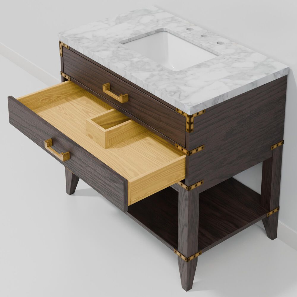 Lexora Home Norwalk 36" Single Bathroom Vanity in Brown Oak with White Carrara Marble Top  and Rectangle Sink, , large