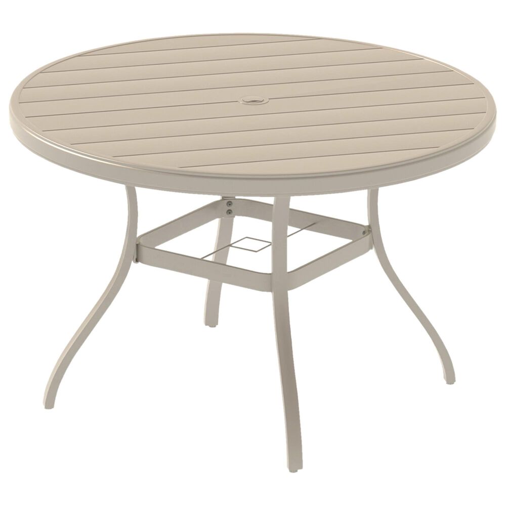 Hearth and Haven 7-Piece Outdoor Metal Dining Set with Stackable Chairs and Round Slatted Table in Sandstone, , large