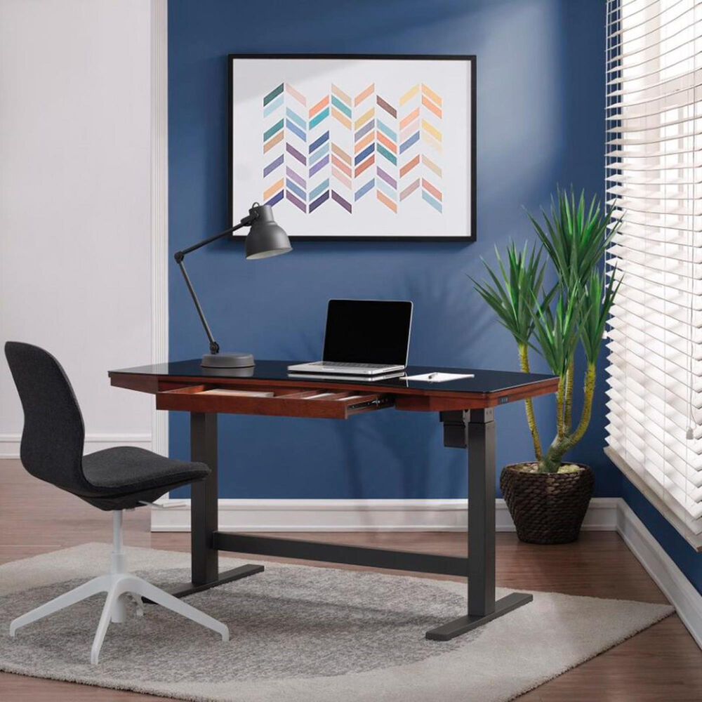 Fabio Flames Adjustable Height Desk With Glass Top In Meridian Cherry Nebraska Furniture Mart
