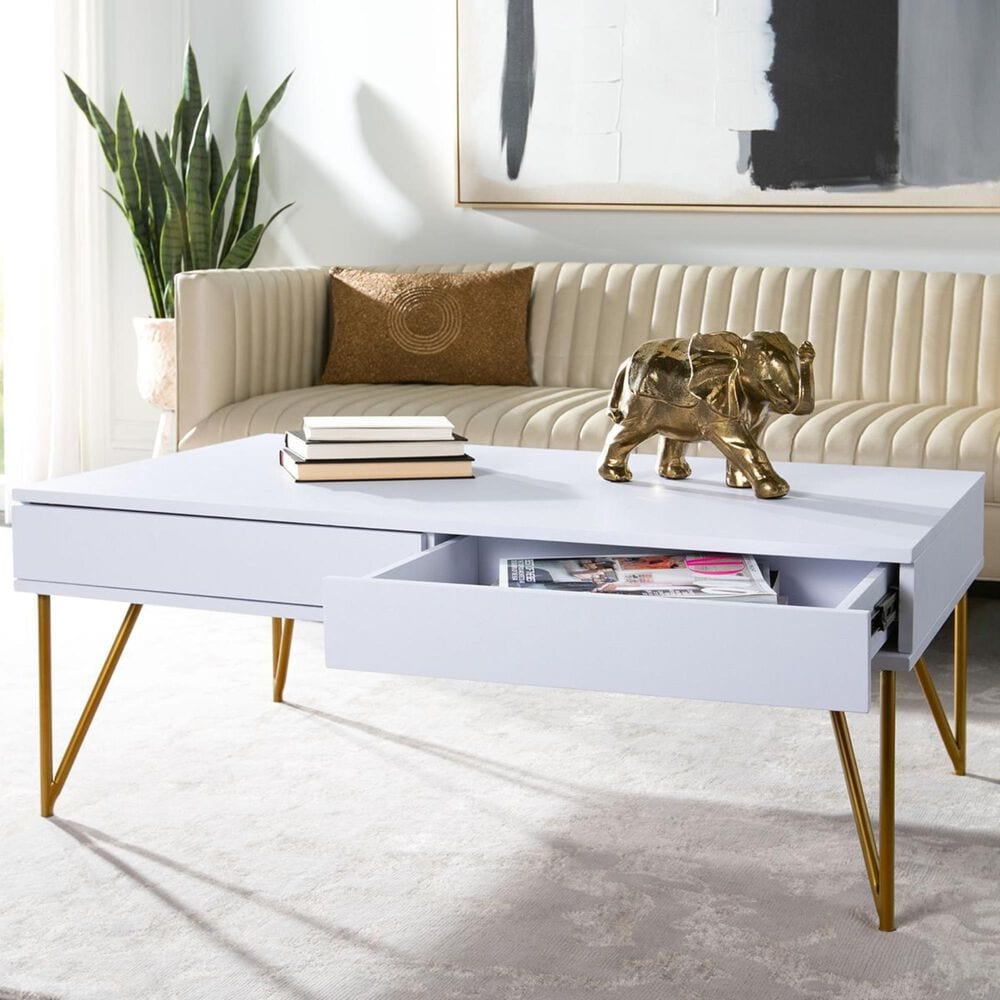 Safavieh Pine 2-Drawer Coffee Table in White and Gold, , large