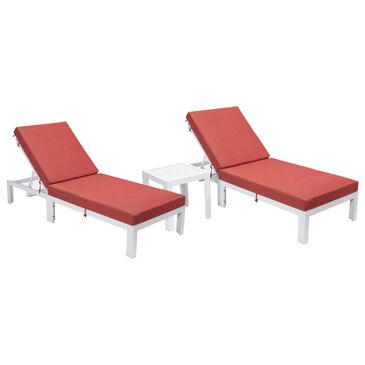 Leisuremod Chelsea 3-Piece Patio Chaise Lounge Chair Set with Red Cushion in White, , large