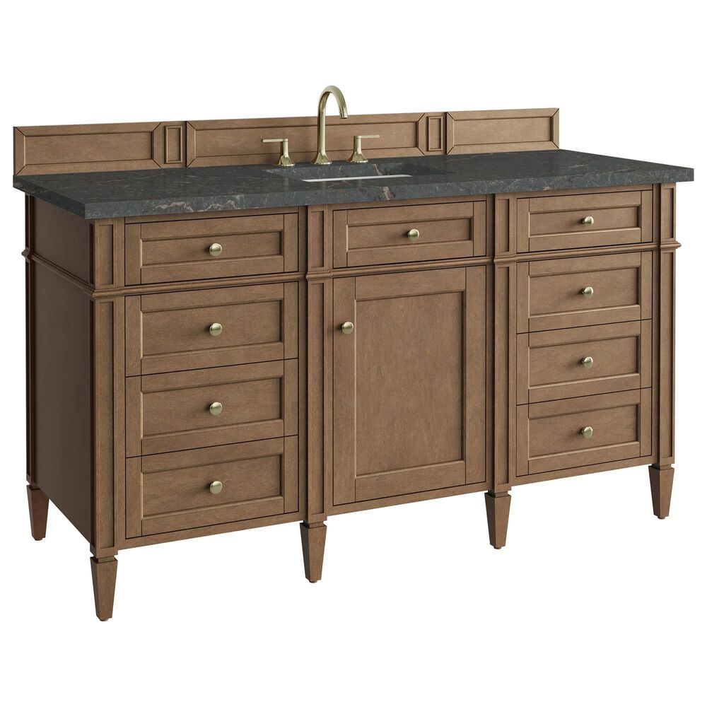 James Martin Brittany 60" Single Bathroom Vanity in Pecan with 3 cm Parisien Bleu Silestone Top, Rectangular Sink and FreePower Wireless Charger, , large