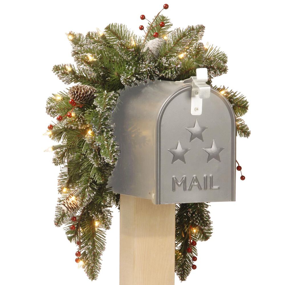 National Tree 36" Glittery Mountain Spruce Mailbox Swag with Battery Operated Warm White LED Lights, , large